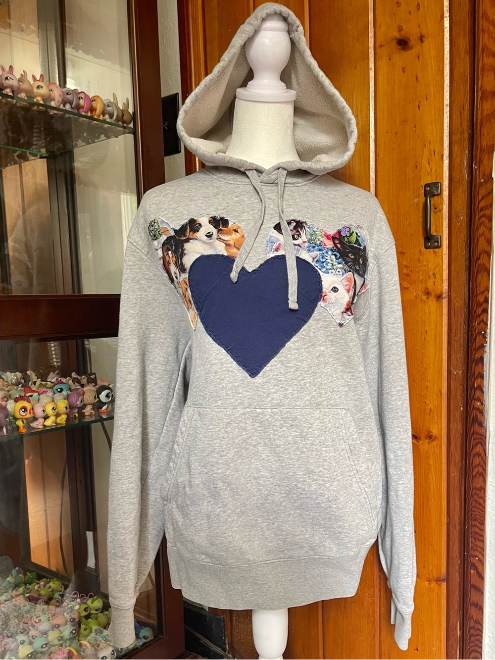 Reebok Gray Vintage Hoodie Handmade Sown Dog Cat Patch Work Size M